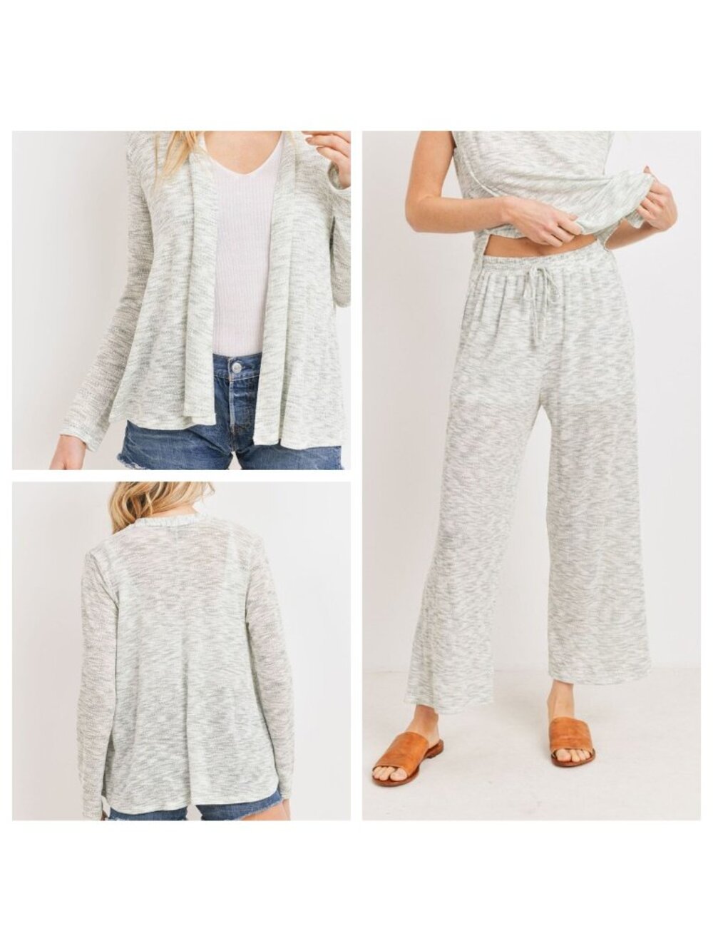Sage green & white casual cropped pant & cardigan set